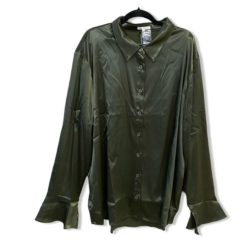 NWT Remi x Revolve Serena button up satin shirt olive green blouse Plus 0X - Picture 9 of 12